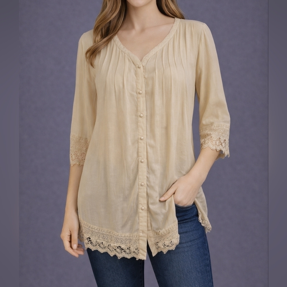 Vtg BLAIR Ivory Crochet Lace Trim Pintucked Pearl Button Down Shirt